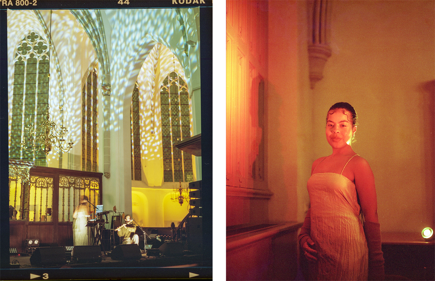 Two analog photos. The first photo shows two people performing with large windows and arches of the church in the background. The second photo is a portrait of afromerm. She is standing in the church in a white dress and looking straight into the camera.